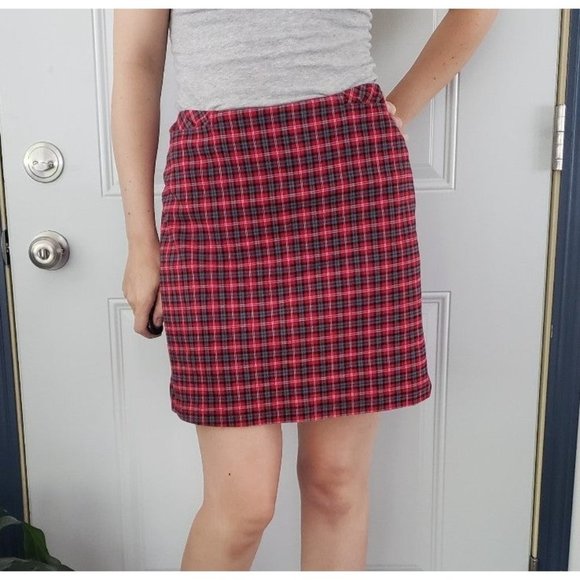 90s Red and‎ Gray Plaid Mini Skirt - Picture 1 of 5